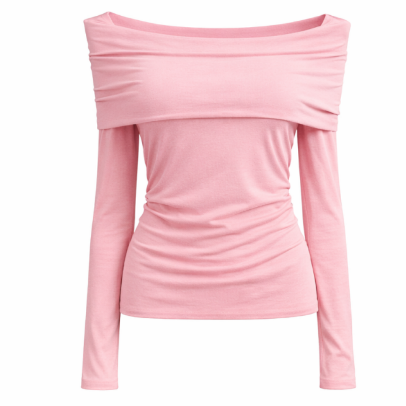 Blusa plissada de manga comprida com decote ombro a ombro.