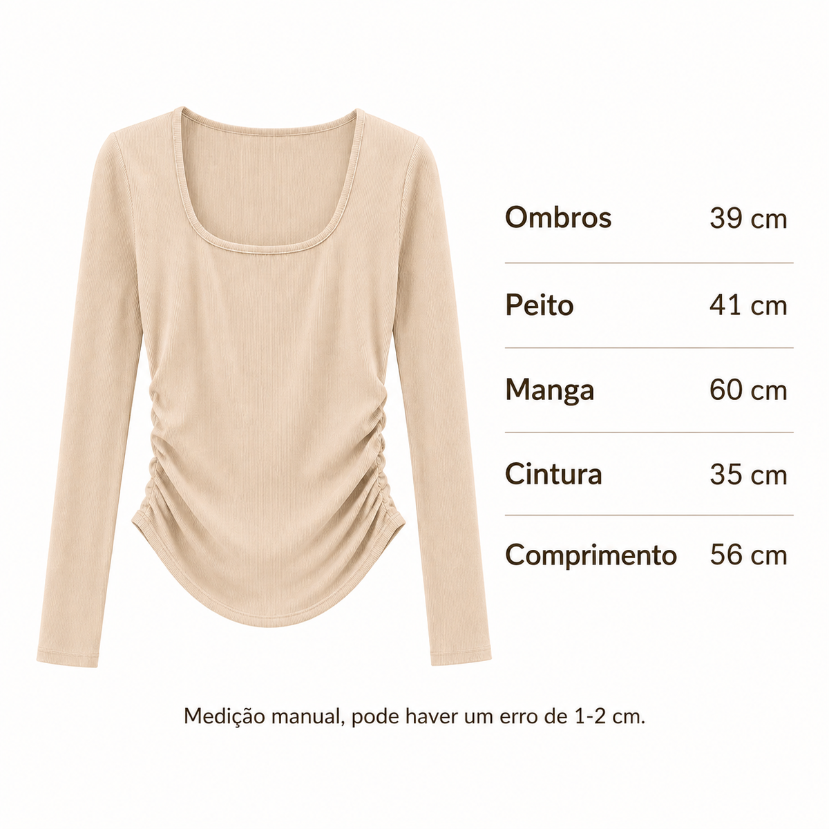 VEO Blusa Feminina Canelada Manga Comprida Decote Quadrado Franzido Ajustado Elástico Casual Confortável Elegante Básico Moda Mulher