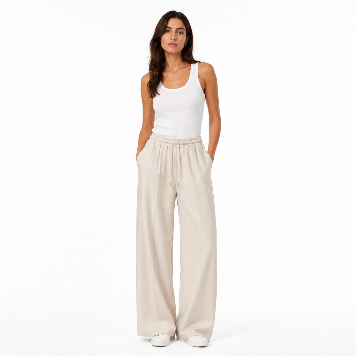 VÊ-O CLASSICS | Calças largas de sweat mulher, cintura elástica com cordão e bolsos laterais, confortáveis para o dia a dia