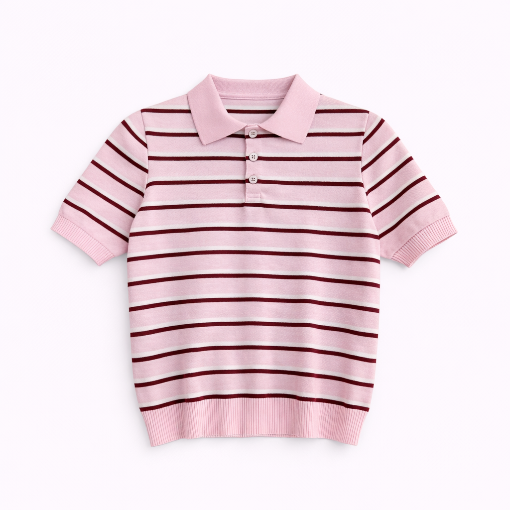 Vê-o Dailly｜Striped Short-Sleeve Polo Knit Top