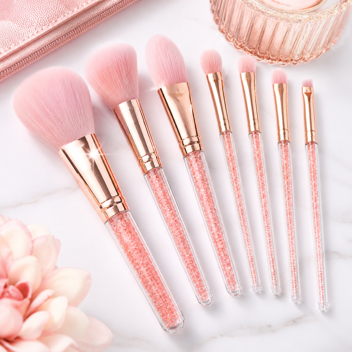 Conjunto de Pincéis de Maquilhagem Rosa com Cristais – para Blush, Sombras e Base + Bolsa de Arrumação