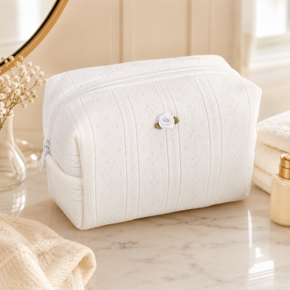 Bolsa de Maquilhagem com Rosa | Grande Capacidade e Fácil de Levar