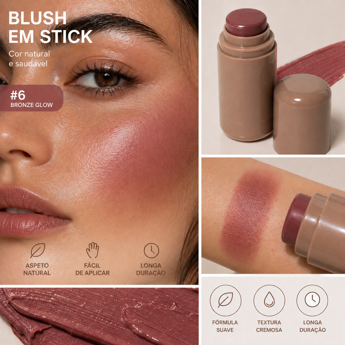 Blush em Stick Cremoso para Lábios e Rosto – Cor Natural, Textura Suave e Fácil de Espalhar
