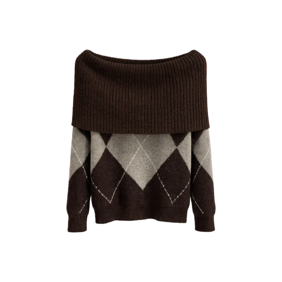 Vê-o Dailly｜Camisola de malha com gola em padrão de losangos simples.