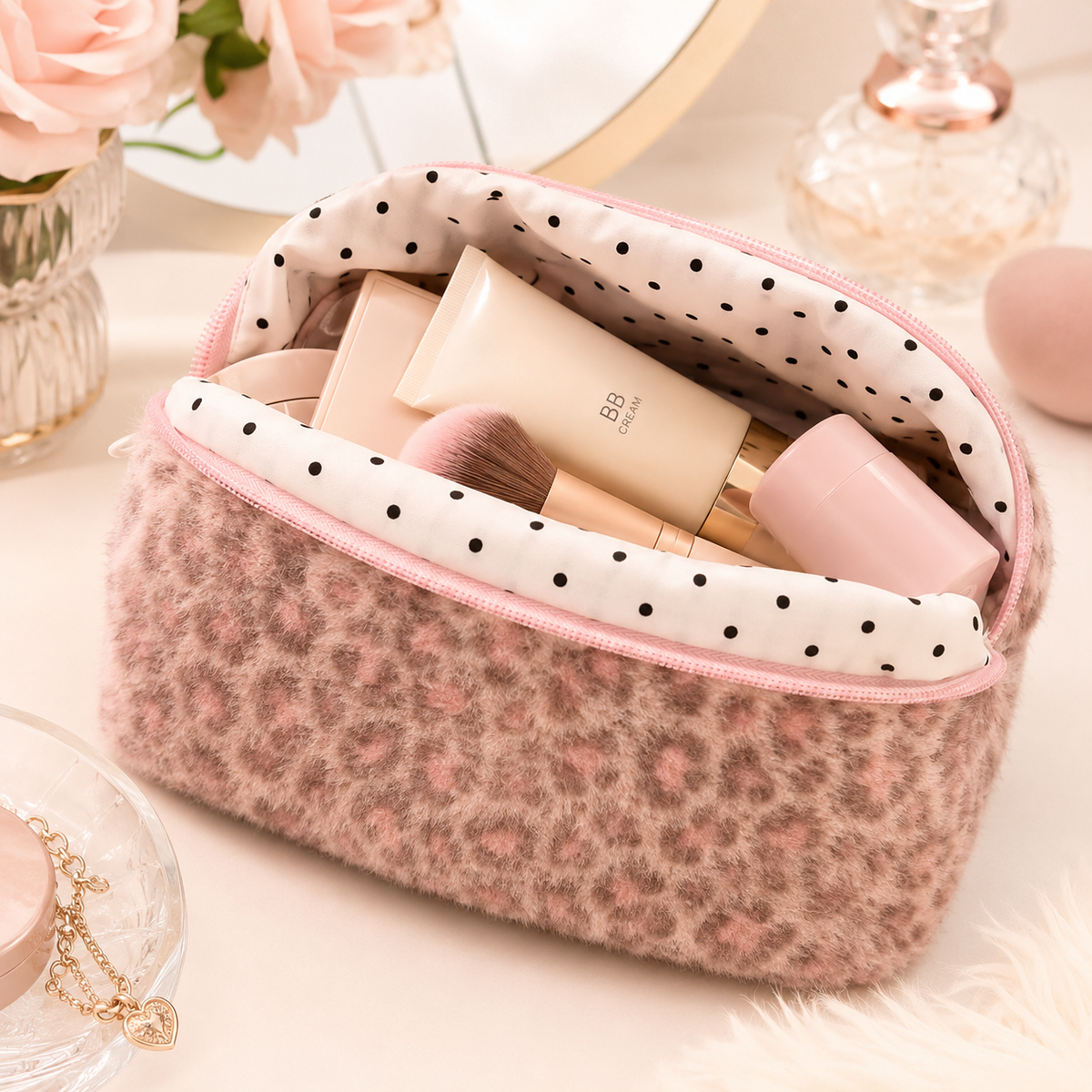 Necessaire de Viagem com Padrão Leopardo Rosa | Bolsa para Maquilhagem e Higiene Pessoal