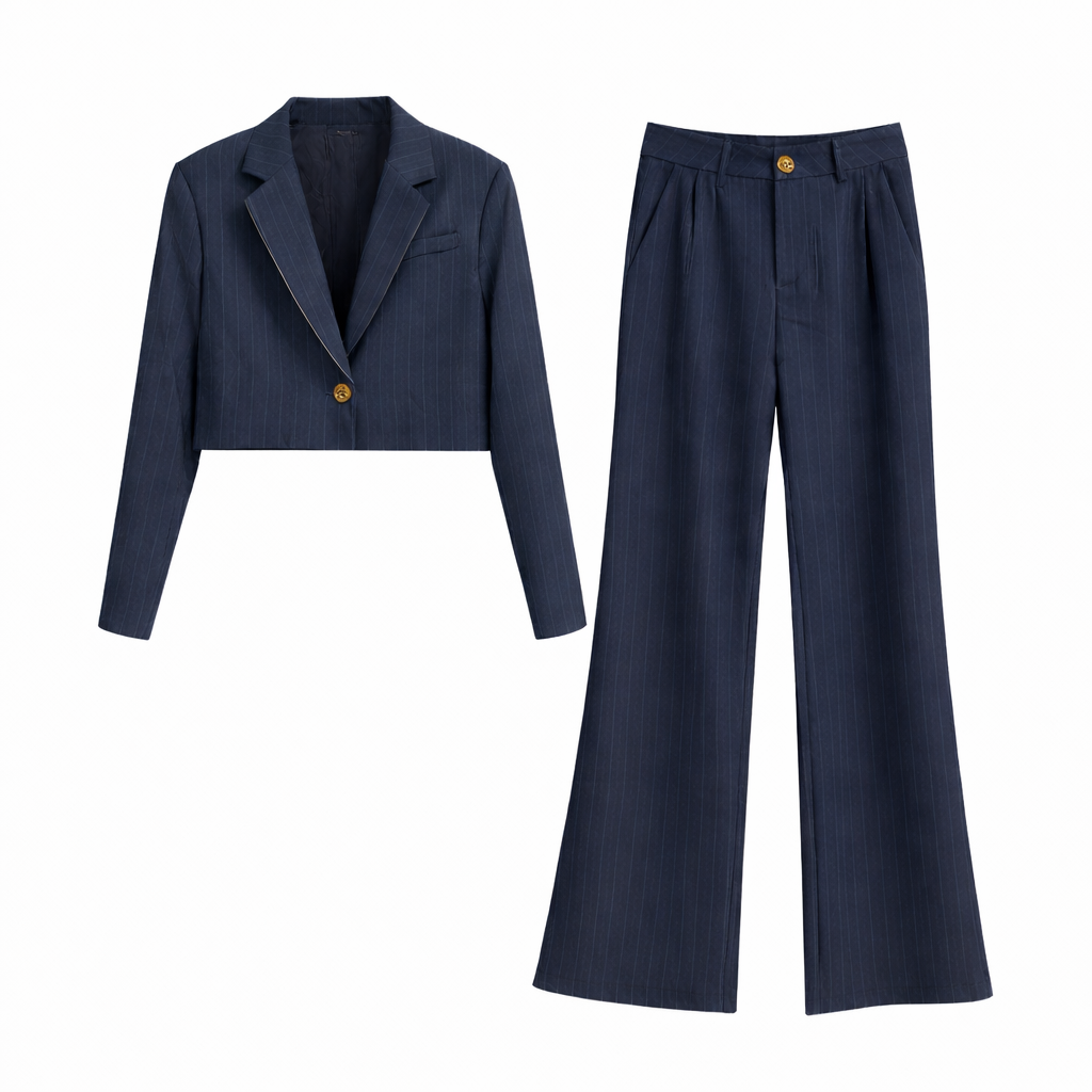 Vê-o Dailly｜Pinstripe Cropped Blazer & Wide-Leg Trousers Set