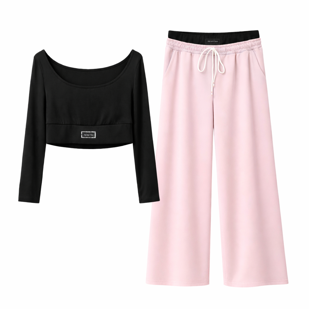 Conjunto Vê-o Well｜Top cropped color-block e calças de fato de treino pantalona