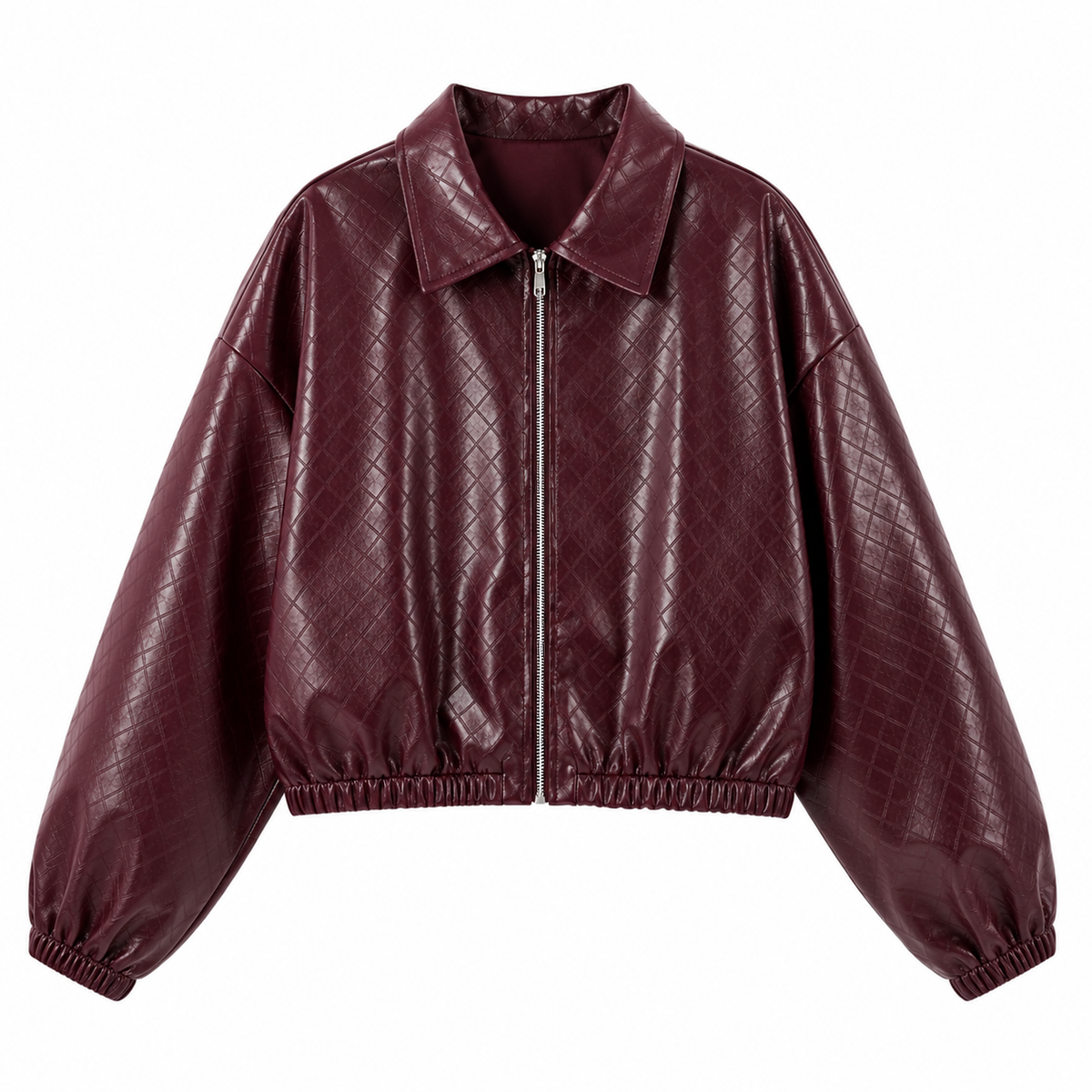 VÊ-O Casaco Feminino Efeito Pele com Padrão Matelassé em Losangos, Gola Clássica, Fecho de Correr, Corte Solto, Casaco Casual para Outono e Inverno