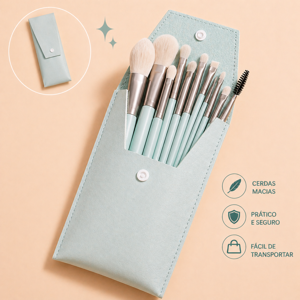 Conjunto de 8 Pincéis de Maquilhagem Portátil – para Sombras, Pó Solto e Retoques