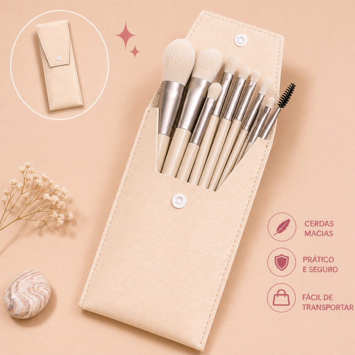 Conjunto de 8 Pincéis de Maquilhagem Portátil – para Sombras, Pó Solto e Retoques