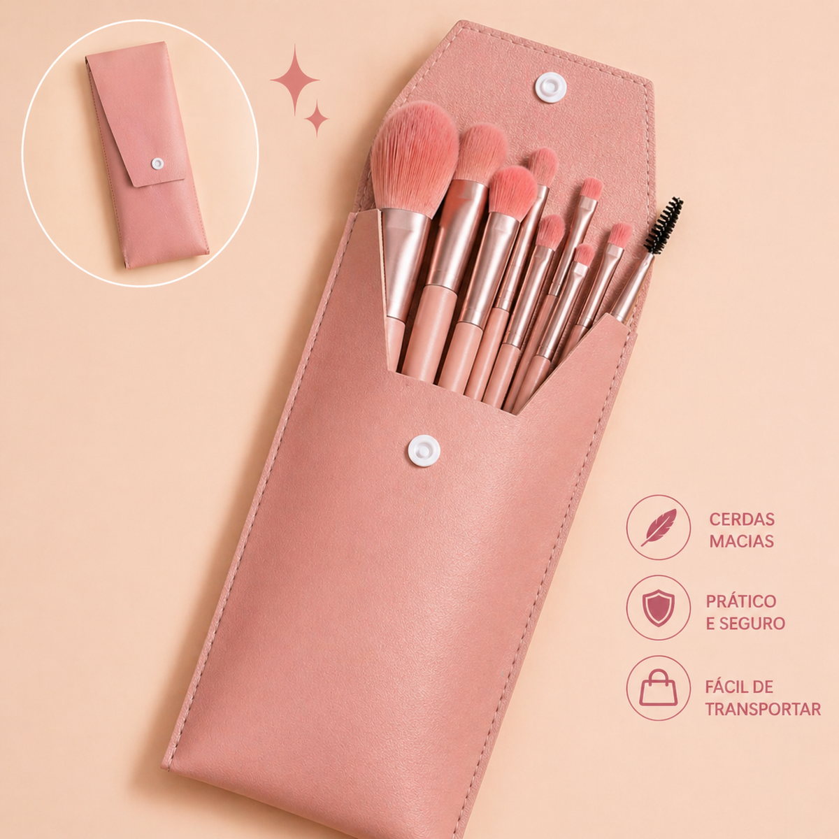 Conjunto de 8 Pincéis de Maquilhagem Portátil – para Sombras, Pó Solto e Retoques