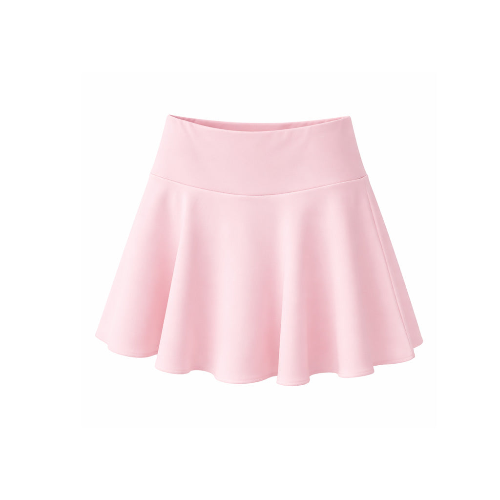 Vê-o Well｜Minissaia rosa de cintura subida e corte evasé