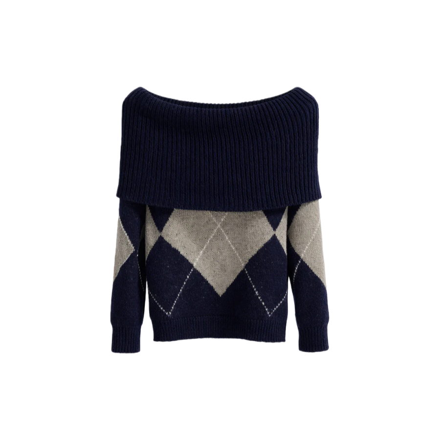 Vê-o Dailly｜Camisola de malha com gola em padrão de losangos simples.