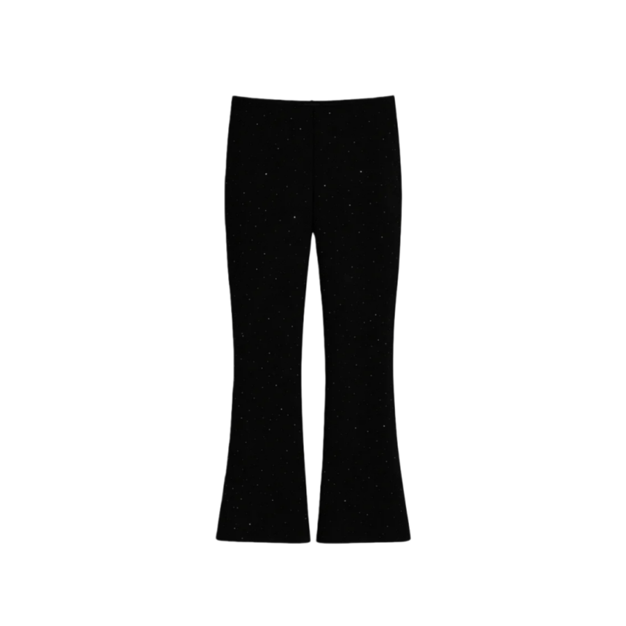 Calça flare preta com aplicações de missangas.