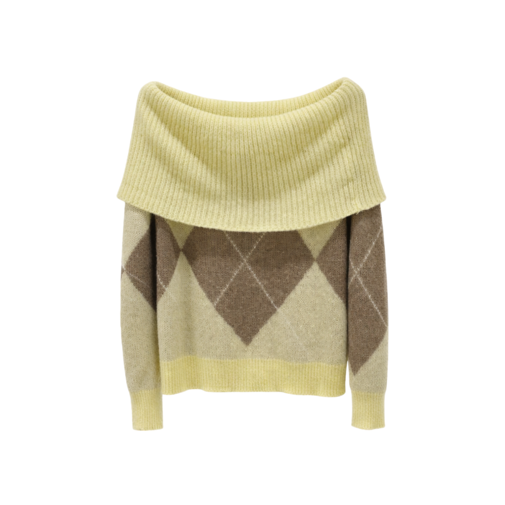 Vê-o Dailly｜Camisola de malha com gola em padrão de losangos simples.