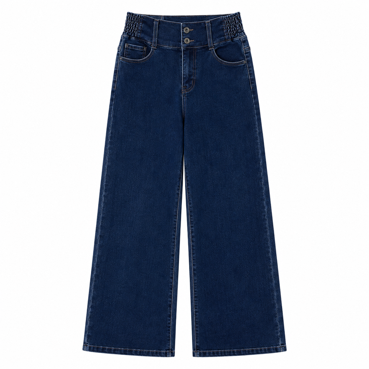 VEO Calças de Ganga Wide Leg Mulher Cintura Alta Cós Elástico Dois Botões Perna Larga Casual