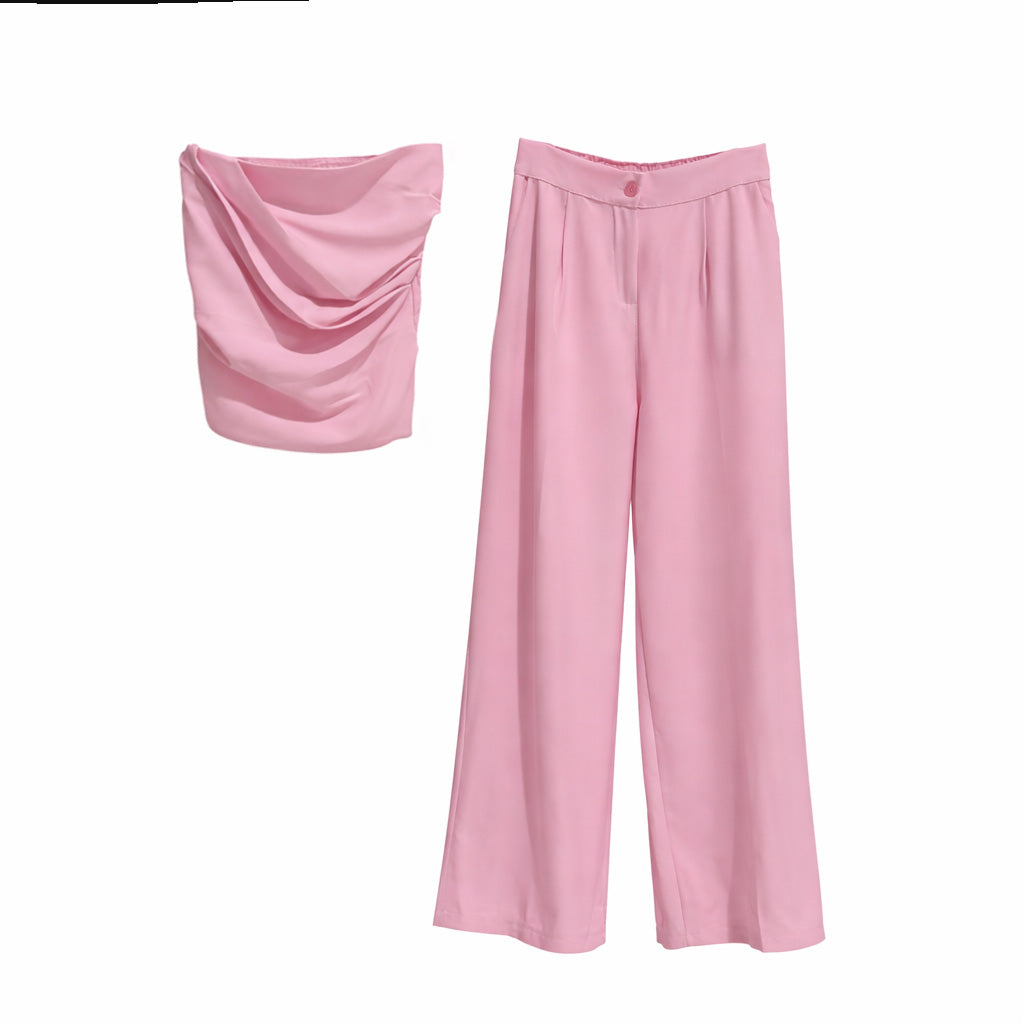 Vê-o Dailly｜Draped Strapless Top & Wide-Leg Pants Set