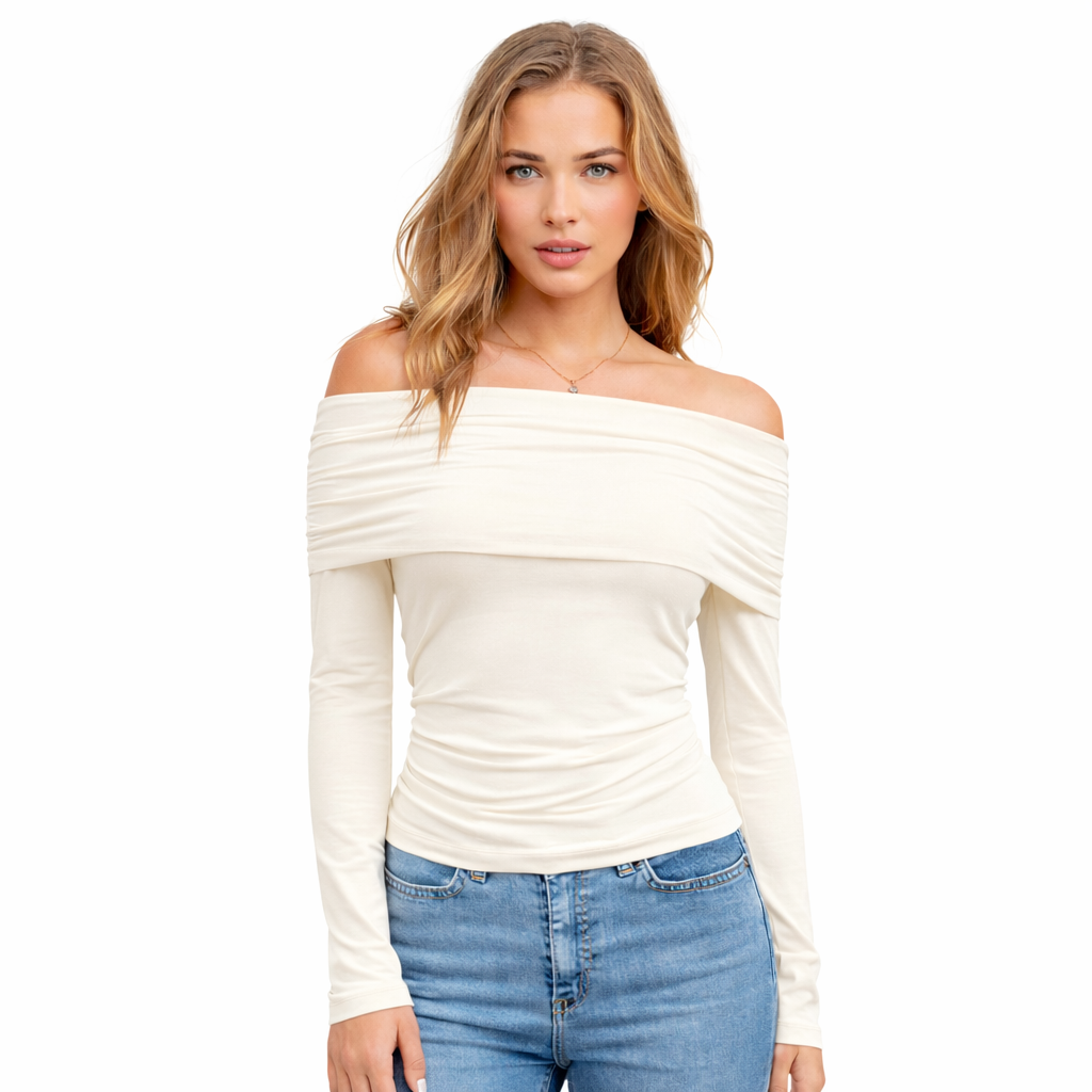 Blusa plissada de manga comprida com decote ombro a ombro.