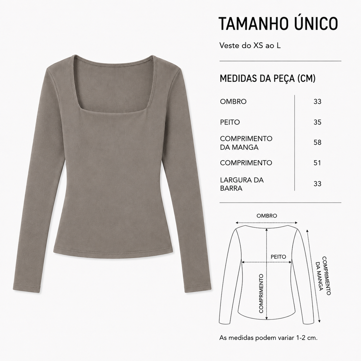 VÊ-O CLASSICS | Top mulher em malha ajustada com decote quadrado e manga comprida, versátil para o dia a dia