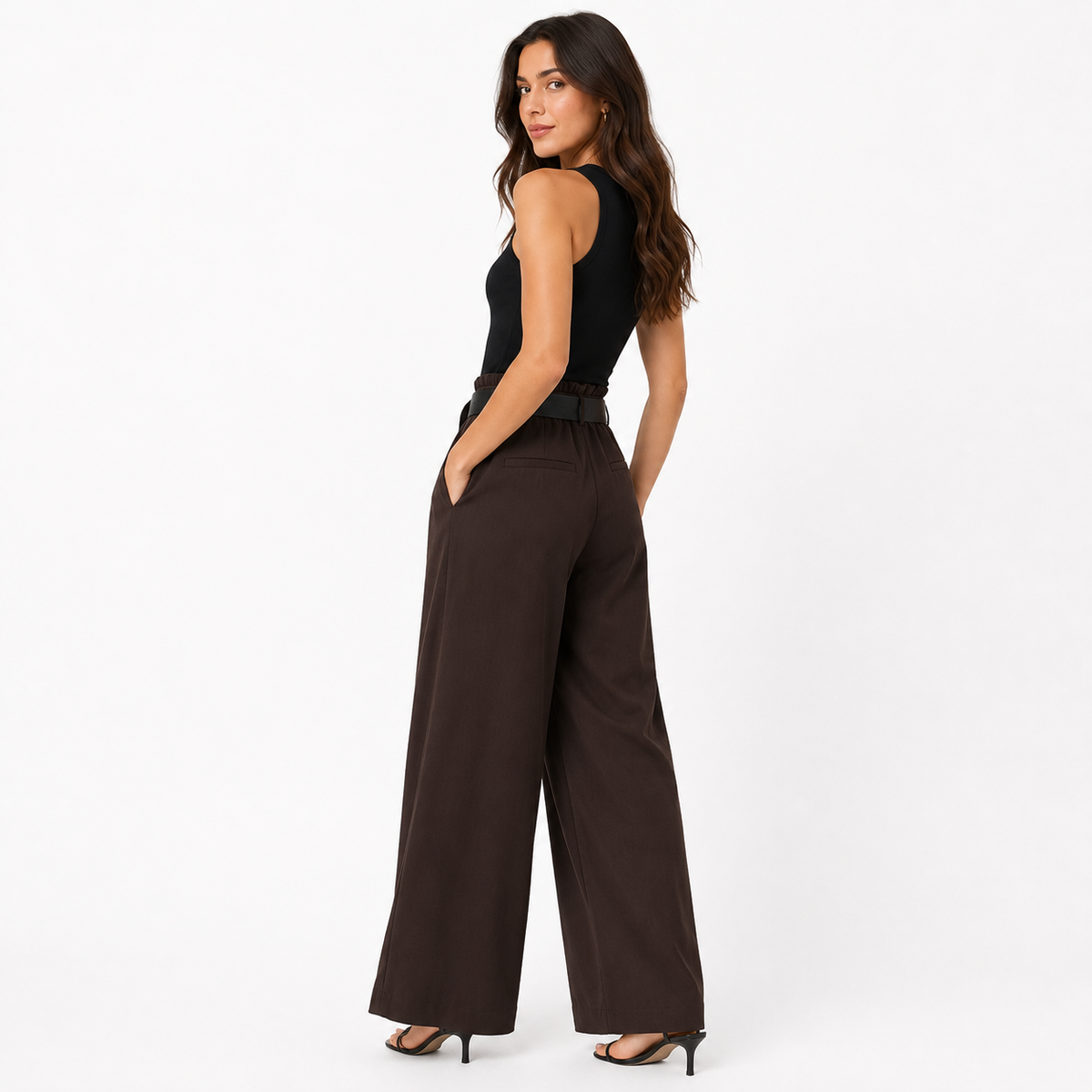 VÊ-O Classics | Calças palazzo de cintura subida com pregas, bolsos e cinto, fluidas para o dia a dia