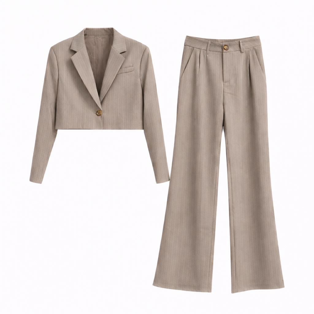 Vê-o Dailly｜Pinstripe Cropped Blazer & Wide-Leg Trousers Set