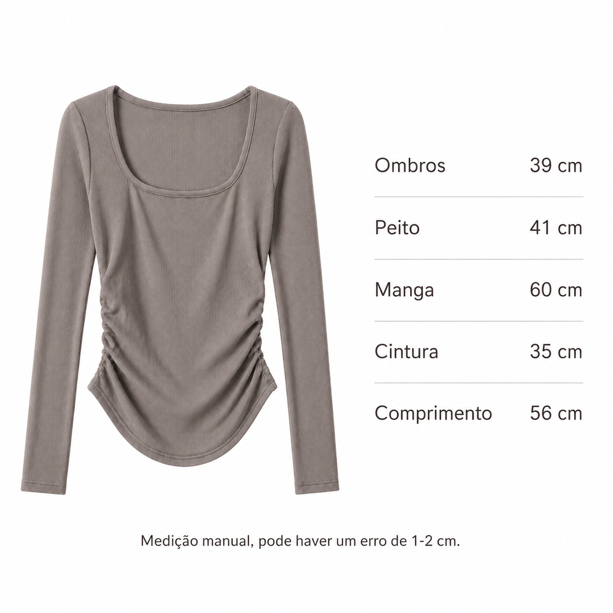 VEO Blusa Feminina Canelada Manga Comprida Decote Quadrado Franzido Ajustado Elástico Casual Confortável Elegante Básico Moda Mulher