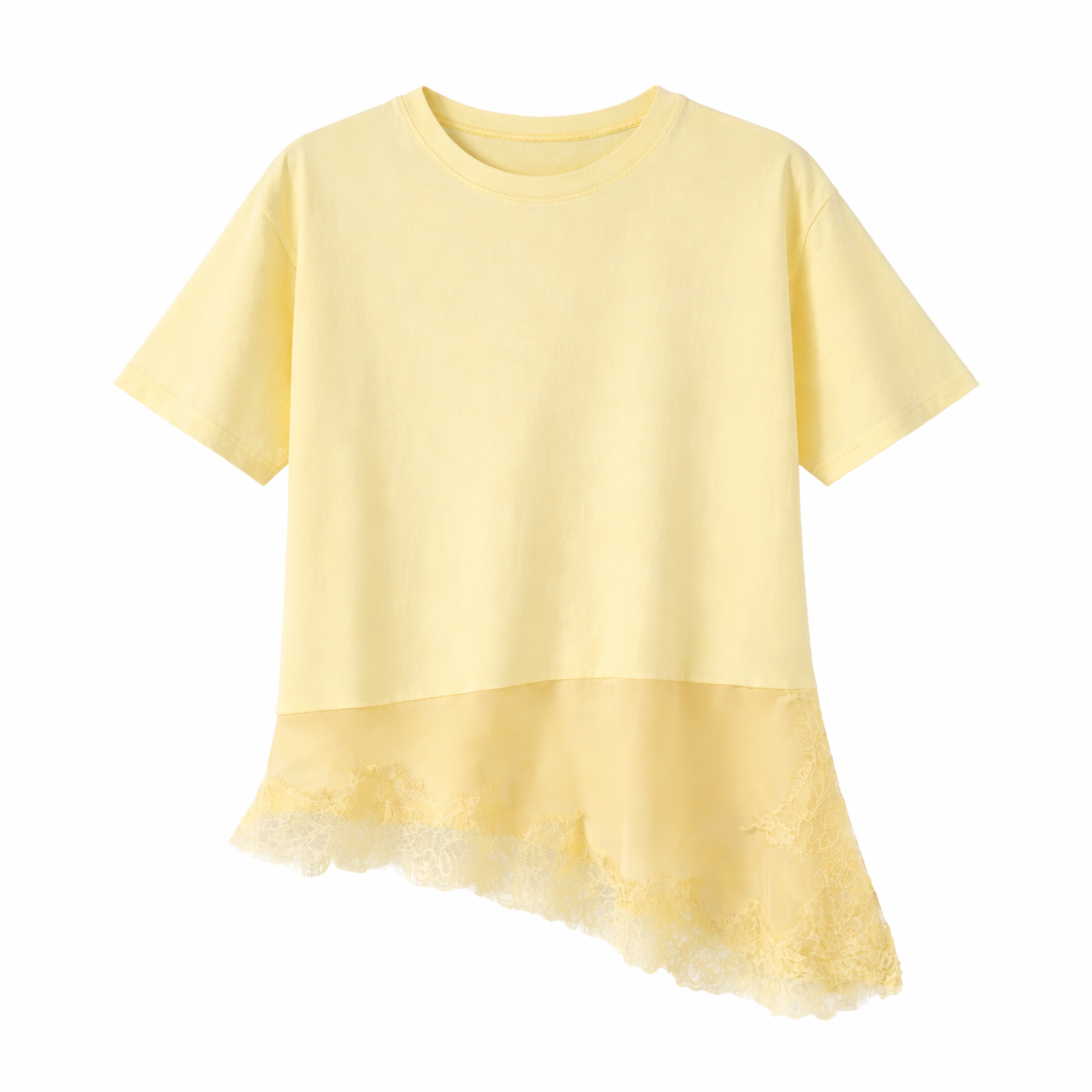 Vê-o Dailly｜Blusa de manga curta com bainha de renda