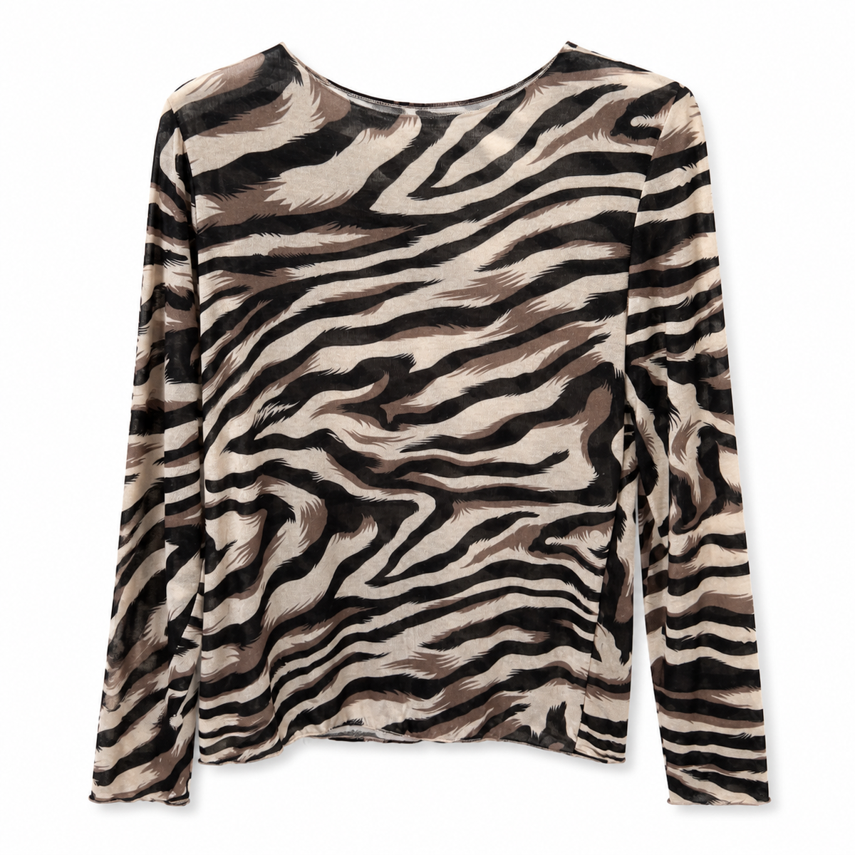 VEO Top Mesh Estampado Mulher Manga Comprida Gola Redonda Justo Transparente Moda Casual