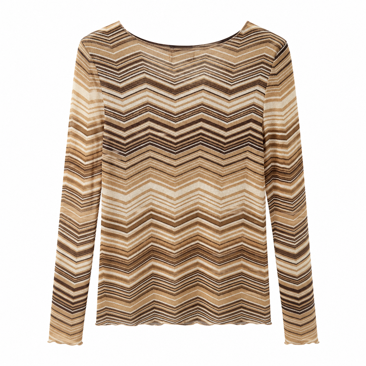VEO Top Mesh Estampado Mulher Manga Comprida Gola Redonda Justo Transparente Moda Casual