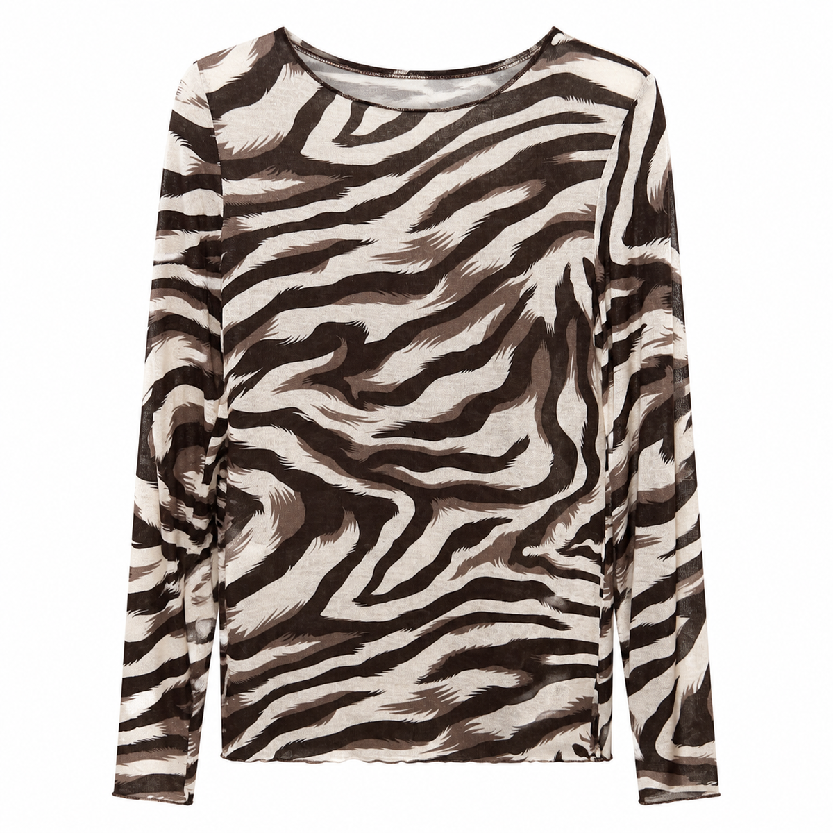 VEO Top Mesh Estampado Mulher Manga Comprida Gola Redonda Justo Transparente Moda Casual