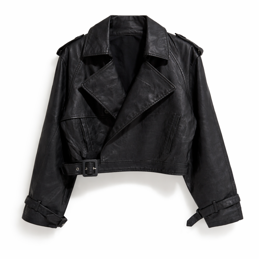 Blusão biker cropped em pele sintética com detalhe de cinto da Vê-o Studio
