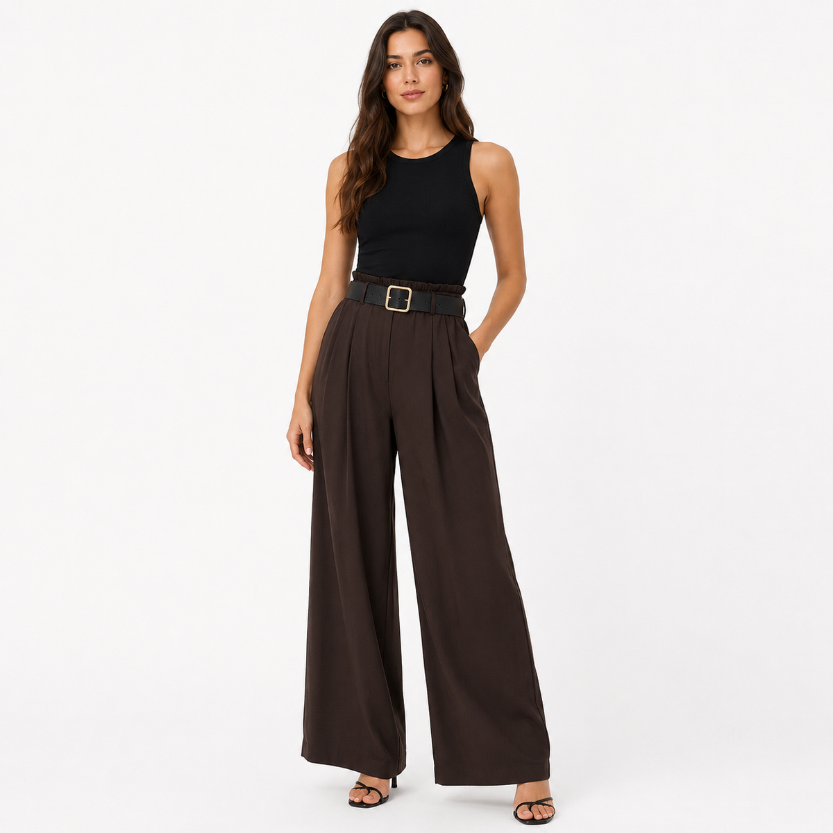 VÊ-O Classics | Calças palazzo de cintura subida com pregas, bolsos e cinto, fluidas para o dia a dia