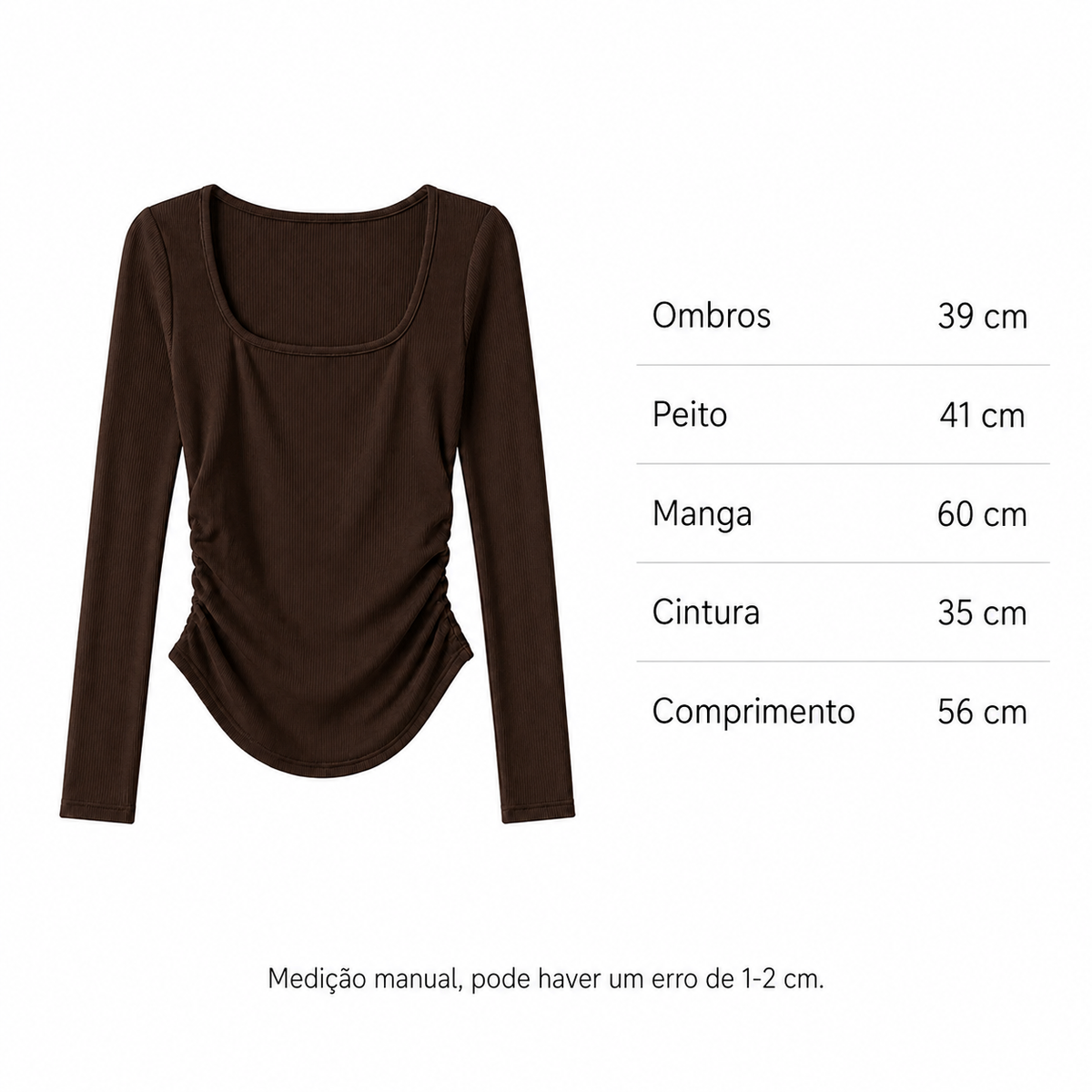 VEO Blusa Feminina Canelada Manga Comprida Decote Quadrado Franzido Ajustado Elástico Casual Confortável Elegante Básico Moda Mulher