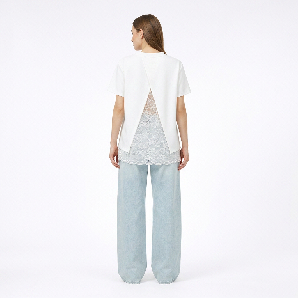Vê-o Dailly｜T-Shirt com Detalhes de Renda em Camadas