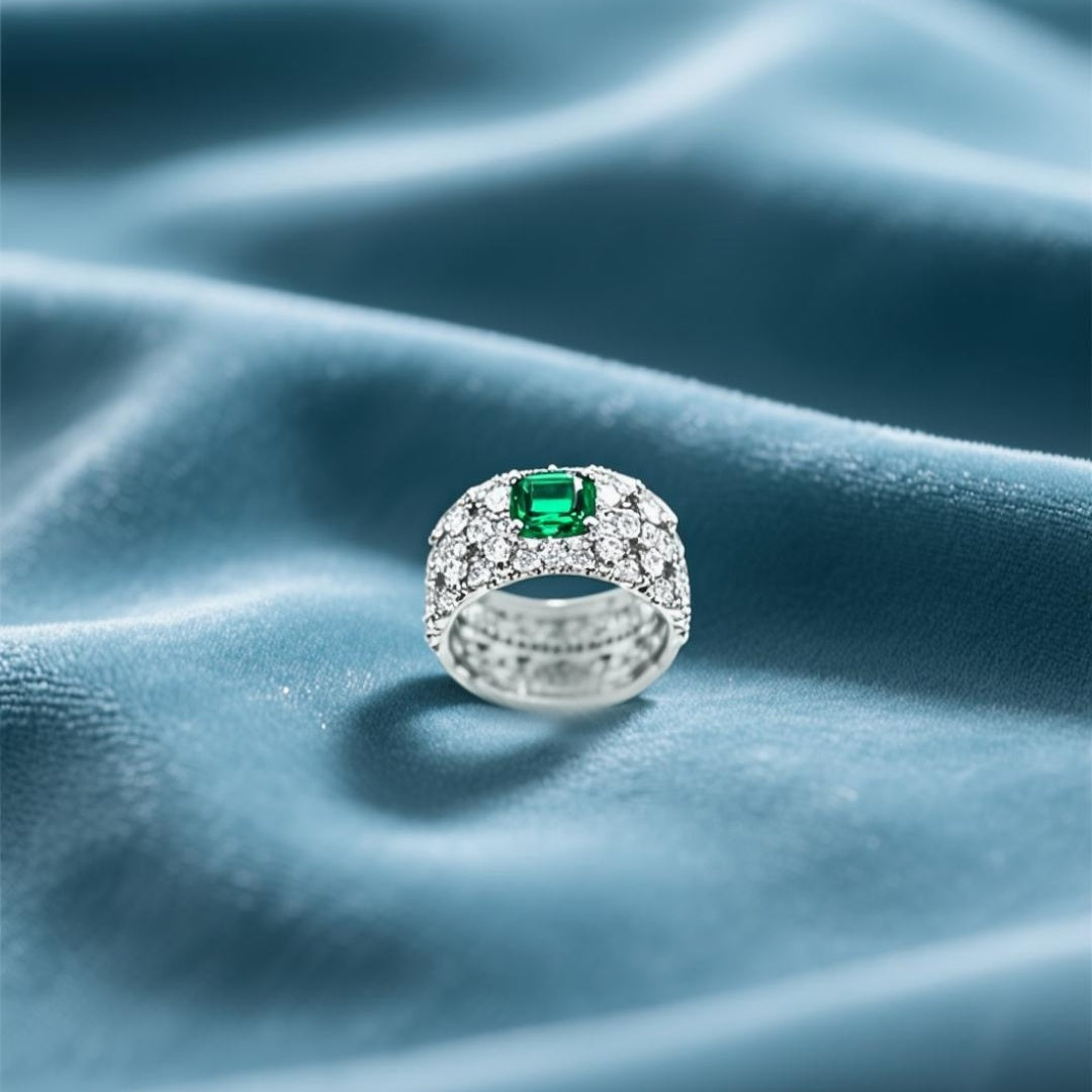 Anel para usar em conjunto com outros anéis, com esmeralda e diamantes.