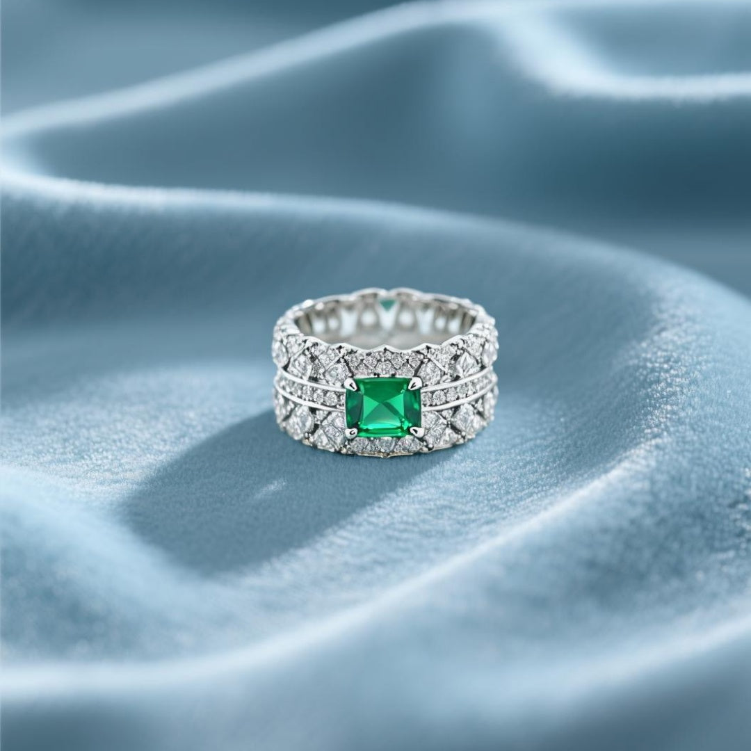 Anel para usar em conjunto com outros anéis, com esmeralda e diamantes.